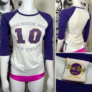 Hard Rock Hotel Las Vegas Y2k Era Purple & White Ringer Tee w/ Ruching Sz S 💜🧡